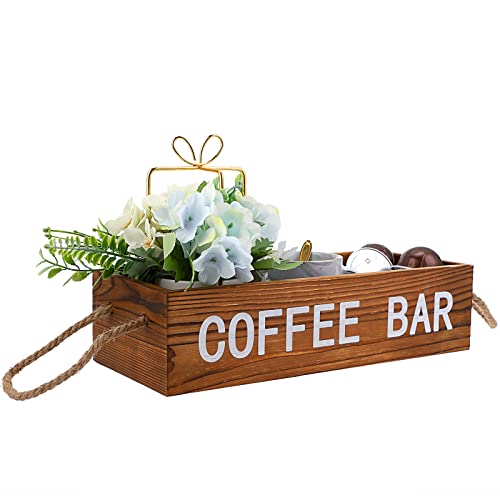 Add Rustic Charm to Your Coffee Station with our Vintage Brown Wooden Coffee Pod Holder - Perfect Coffee Bar Storage Box with Rope Handle for K Cups and Accessories.