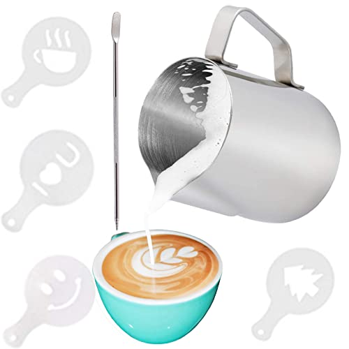 Milk Frother Cup 350ml -  Steel Espresso Frothing Pitcher 12 OZ, Machine Equipment, Coffee Cappuccino Latte Artwork, with A Needle and Stencils of 4 Patterns Silver 7.5x7.5x9cm.