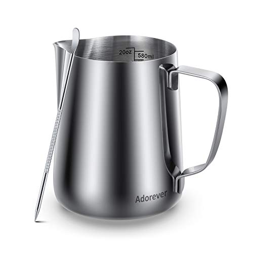 Milk Frothing Pitcher 600ml/20oz Steaming Pitchers Stainless Metal Milk Espresso Cappuccino Latte Art Barista Steam Pitchers Milk Jug Cup with Decorating Art Pen, Sliver.