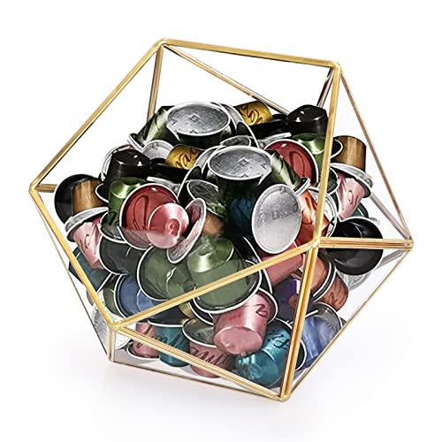 Golden Geometric Coffee Pod Organizer for K Cups, Espresso, Tea Bags, and Sugar Packets with 15 Sided Glass Box Design, Perfect for Kitchen Coffee Bar, Office, Desktop, and Counter Storage.