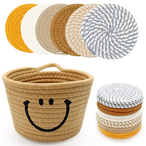 13 PCS Drinks Coasters with Basket Holder for Storage, 6 Colors Absorbent Coasters for Coffee Table Minimalist Braided Coasters Set for Home Decor Tabletop Protection Suitable for Kinds of Cups.