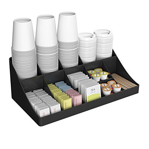Thoughts Reader 11 Compartment Breakroom Coffee Condiment Organizer, Black.