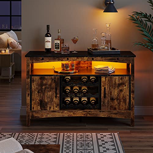 Bestier Wine Bar Cupboard with Removable Wine Rack Insert, Farmhouse Coffee Bar Sideboard with LED Lights, Wooden Entryway Console with Barn Door Rustic Brown.