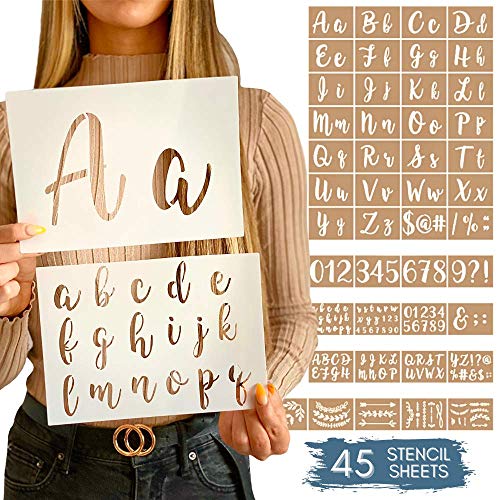 Elevate Your Arts and Crafts Game with Boutique Calligraphy Stencil Template Kit - 45 Reusable Pieces with Lettering, Numbers, Punctuation, Laurels, and Flowers - Perfect for Painting, Woodwork, and DIY Projects