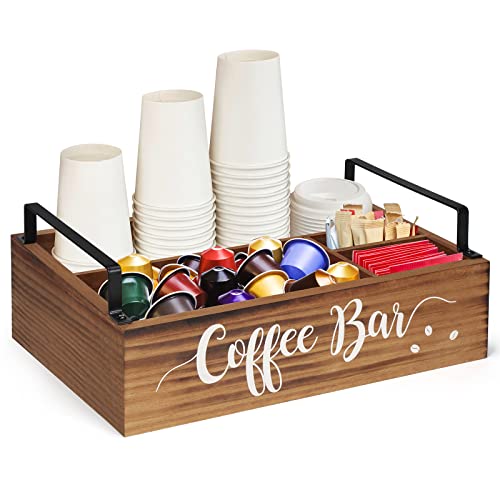 Coffee Bar Organizer, Coffee Station Equipment for Countertop, Wood Storage Basket with Deal with, Giant Capability Coffee Pod Holder.