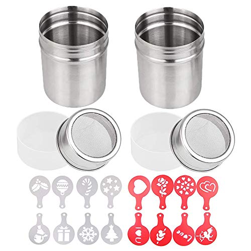 Stainless Steel Powder Shakers Set with Fine-Mesh Lid and 16 Decorating Stencils - Ideal for Coffee, Cocoa, Sugar, Spices, and More in Home, Restaurant or Kitchen Baking.