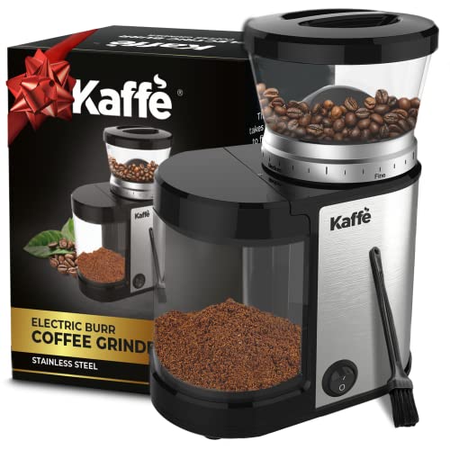 Get the Perfect Grind with our Kaffe Burr Electric Coffee Grinder - Adjustable Settings, 5.5oz Capacity, and Cleaning Brush Included. Featuring a New Powerful Stealth Motor and Sleek Stainless Steel Design.