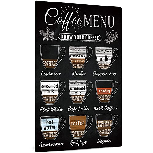 Vintage Coffee Menu Wall Decor Aluminum Metal Sign for Coffee Bars, Restaurants, Cafes, Pubs, Offices, Kitchens, and Home Coffee Stations - 8x12 Inches.