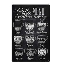 Black Authentic Retro Design Coffee Menu Tin Steel Wall Art Indicators, Cafe/Kitchen/Coffee Nook Thick Tinplate Wall Ornament Print Poster.