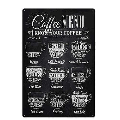 Black Authentic Retro Design Coffee Menu Tin Steel Wall Art Indicators, Cafe/Kitchen/Coffee Nook Thick Tinplate Wall Ornament Print Poster.