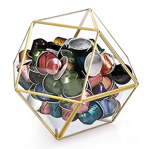 Organize Coffee Capsules with Ease: 14-Sided Gold Glass Pod Holder for K Cups & Nespresso Capsules, Perfect for Coffee Bars, Kitchens, and Offices.