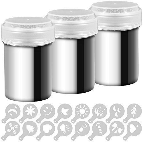 Stainless Steel Powder Shaker Set with 16 Pcs Molds & Stencils - Ideal for Coffee, Cocoa, Baking, Cooking & Restaurant Use - Fine-Mesh Lid - 3 Pack.