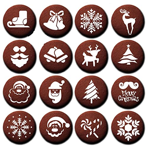 Christmas Coffee Stencils, 16Pcs Reusable Classic Christmas Stencils, Barista Cappuccino Arts Garland Mould Cake Cookie DIY Adorning Software for Kitchen and Retailer.