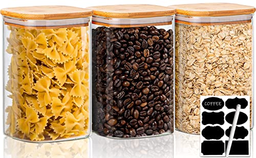 Hermetic Glass Storage Canister with Lid (40oz), Glass Meals Storage Jars, Sq. Clear Meals Storage Container Jar with Sealing Bamboo Lid For Coffee, Sugar, Sweet, Cookie, Spice and Extra, Set of three.