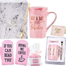 14 OZ Marble Ceramic Coffee Cup Set with "Not Day Over Fabulous" Quote - Perfect Birthday Gift for Women, Mothers, Daughters, Sisters, Aunts, Cousins, Friends, and Coworkers in Pink Color.
