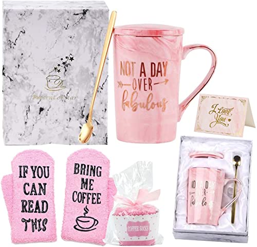 14 OZ Marble Ceramic Coffee Cup Set with "Not Day Over Fabulous" Quote - Perfect Birthday Gift for Women, Mothers, Daughters, Sisters, Aunts, Cousins, Friends, and Coworkers in Pink Color.