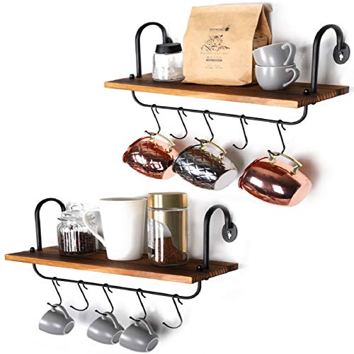 Rustic Floating Shelves with Hooks for Kitchen, Bathroom, and Coffee Nook - 2-Pack, Carbonized Black Finish, 17x5.9 Inches - Organize Mugs, Utensils, and Towels with Style.