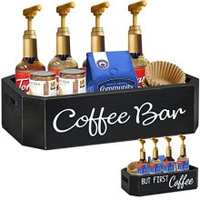 Wooden coffee pod storage organizer with multi-use compartments, ideal for coffee supplies, cosmetics, and office supplies.
