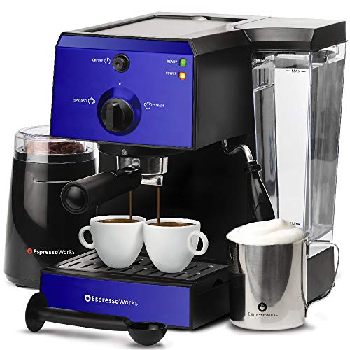 The Ultimate Home Barista Experience: EspressoWorks All-In-One Bundle Set with Espresso Machine, Cappuccino Maker, Professional Coffee & Latte Machine, Milk Frother and Small Espresso Grinder - 1350W (Blue).