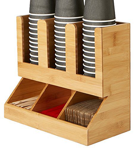 Thoughts Reader 6 Compartment Bamboo Upright Coffee Breakroom Condiment and Cup Storage Organizer, Brown.