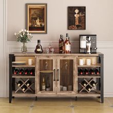 Rustic Wine and Coffee Bar Cabinet with Glass Storage - Perfect for Home Entertaining.