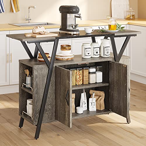 Retro Oak Kitchen Island with Adjustable Shelves and Storage Cabinet for Dining, Living Room, and Entryway.