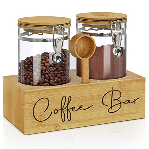Glass Coffee Containers with Shelf - Stylish Coffee Station Organizer with Airtight Locking Clamp - Perfect for Coffee Beans, Nuts, and More