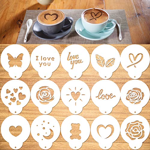 15-Piece Konsait Coffee Stencil Set for Creative Latte Art and Decoration on Beverages and Desserts, Perfect for Valentine's Day Coffee, Cappuccino, Mousse, and More.