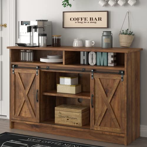 Rustic Oak Farmhouse Coffee Bar Cabinet with Sliding Barn Door - 52" Kitchen Sideboard Buffet Storage Cabinet for Dining, Living Room, and Kitchen - 52" x 16" x 34".