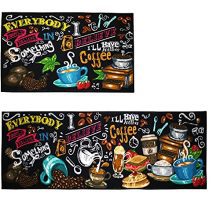 Chalk Artwork Kitchen Mats Set: Non-Slip Floor Mats for Coffee House Vibe - 2 Items, 30"x17" & 47"x17". 