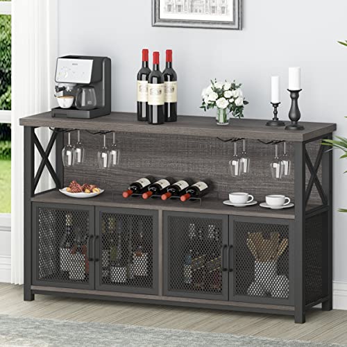 Industrial Wine Bar Cabinet -  - Rustic Liquor Home Bar for Kitchen, Dining, Living Room - 47 Inch, Dark Gray Oak