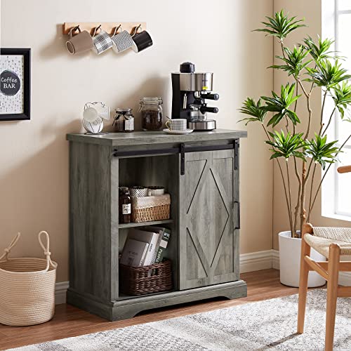 Coffee Bar Cabinet, 32 Inch Small Accent Cabinet with Sliding Barn Door, Rustic Sideboard Buffet Cabinet for Kitchen, Living Room, Hallway (Gray Wash).