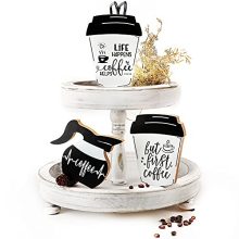 3 Pieces Coffee Bar Decor Signs But First Coffee Wood Plaque Rustic Coffee Bar Tiered Tray Wood Signs Farmhouse Vintage Table Centerpiece Mug Life Coffee Wood Sign for Home Coffee Bar (Cute Model).
