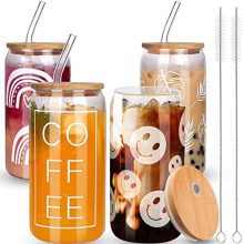 4 PCS Ice Coffee Cup Set with Bamboo Lids and Glass