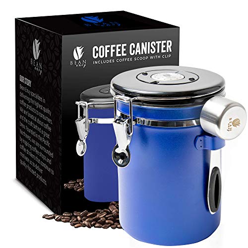 Bean Envy Blue Coffee Canister - 22.5 oz Coffee Container with Stainless Steel Scoop, Date Tracker & Co2-Release Valve - Essential Coffee Brewing Equipment.