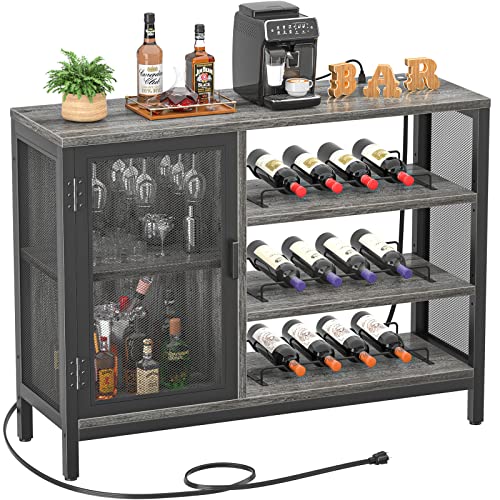 Power Up Your Party: Industrial Wine Bar Cabinet with Built-in Power Outlets, Removable Wine Racks, and Farmhouse Charm in Black Oak.