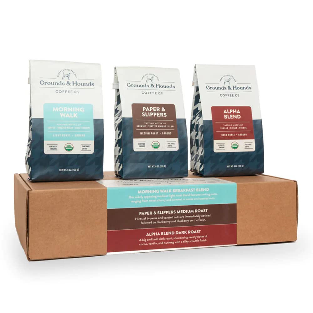 Experience the Best of Grounds & Hounds Coffee with Our Organic Three Blend Starter Kit - Includes Three 6oz Bags of Our Most Popular Whole Bean Coffee Blends!