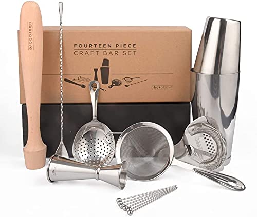 14-Piece Silver Bar Set for the Perfect Home Bartending Experience: Bartender Kit with Boston Shaker, Jigger, Muddler, Spoon, Strainers, and Picks from A Bar Above.