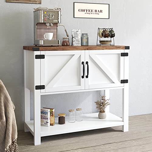 Farmhouse Style White Buffet and Sideboard with Barn Door - Ideal for Kitchen Storage, Coffee Bar, and Dining Room - Features Shelf and Ample Storage Space - Elegant and Practical Design.