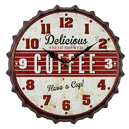 Red Bottle Cap" Metal Wall Clock - Retro Design for Coffee, Kitchen, Bar Decor - 12 Inch Diameter.