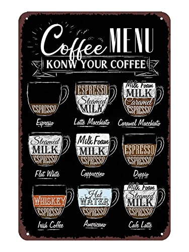 Coffee Bar Vintage Metal Sign - Know Your Coffee Menu - 8x12 Inches.