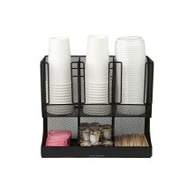Thoughts Reader 6 Compartment Upright Breakroom Coffee Condiment and Cup Storage Organizer, Black Metal Mesh.