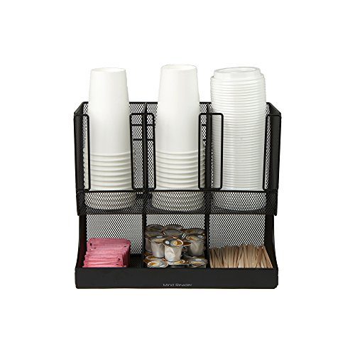 Thoughts Reader 6 Compartment Upright Breakroom Coffee Condiment and Cup Storage Organizer, Black Metal Mesh.