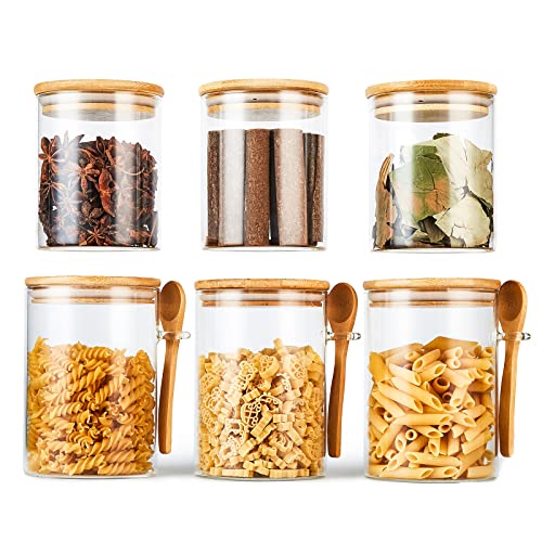 6-Pack Glass Containers with Bamboo Lids, Glass Jars，Glass Canisters, Kitchen Canisters for Sweet, Cookie, Rice, Sugar, Flour, Pasta, Nuts.