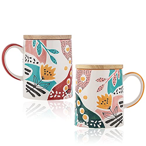 Add a Touch of Elegance to Your Morning Coffee: Set of 2 Handpainted Floral Ceramic Coffee Mugs with Lid and Handle, 17.6oz Capacity, Perfect for Coffee, Latte, and Tea. Dishwasher and Microwave Safe, Ideal for Women Who Love Style and Functionality.