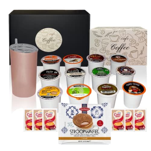Rose Gold Coffee Gift Set - 12 Assorted K-Cup Pods, Insulated Cup with Straw, 6 Creamers, and Jumbo Stroopwafel, Perfect for Birthdays, Get Well Gifts, and More.