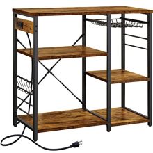 Rustic kitchen storage rack with 2 built-in power outlets, microwave stand, and ample shelving for appliances and accessories. Featuring a classic wood grain design and sturdy metal frame, perfect for enhancing organization and style in any room.