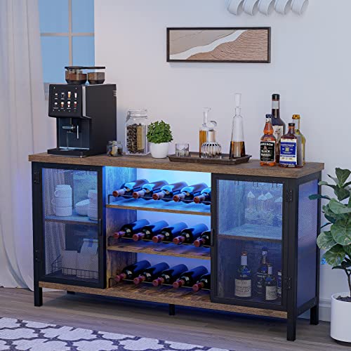 Bar Cabinet with Wine Rack, LED Lights Industrial Coffee Bar Cabinet for Liquor and Glasses, Liquor Cabinet Bar for House, Wine Bar Cabinet with Adjustable Cabinets, Rustic Brown.