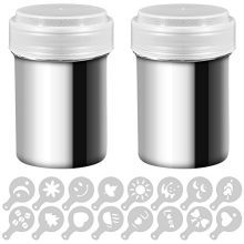 Set of 2 Stainless Steel Powder Shakers with Lid and Stencils for Coffee, Cocoa and Cinnamon Powder