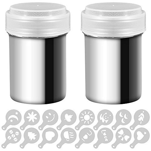 Set of 2 Stainless Steel Powder Shakers with Lid and Stencils for Coffee, Cocoa and Cinnamon Powder